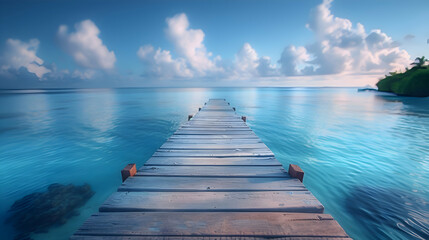 Fototapeta premium A vibrant nature atoll landscape with a wooden dock extending into the water, the calm surface reflecting the sky
