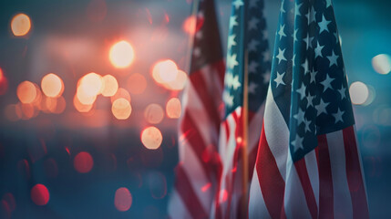 Close-up of three American flags on the background of a blurred sky and blurred background symbolizing National Flag Day in the USA