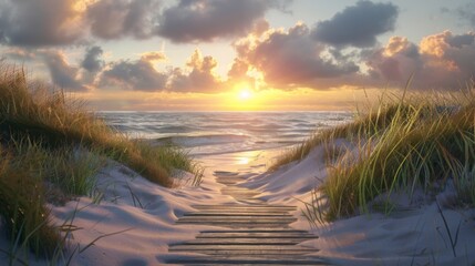 Long Boardwalk Leading to White Sand Beach and Ocean at Sunset A Serene Path with Shrubs on the Sides