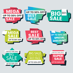 Realistic red price tags collection. Special offer or shopping discount label. Retail paper sticker. Promotional sale badge with text. Vector illustration.