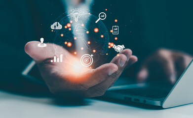 Businessman hand holding virtual global Internet connection metaverse. Business global internet connection application technology and digital marketing, Financial banking, Digital big data.