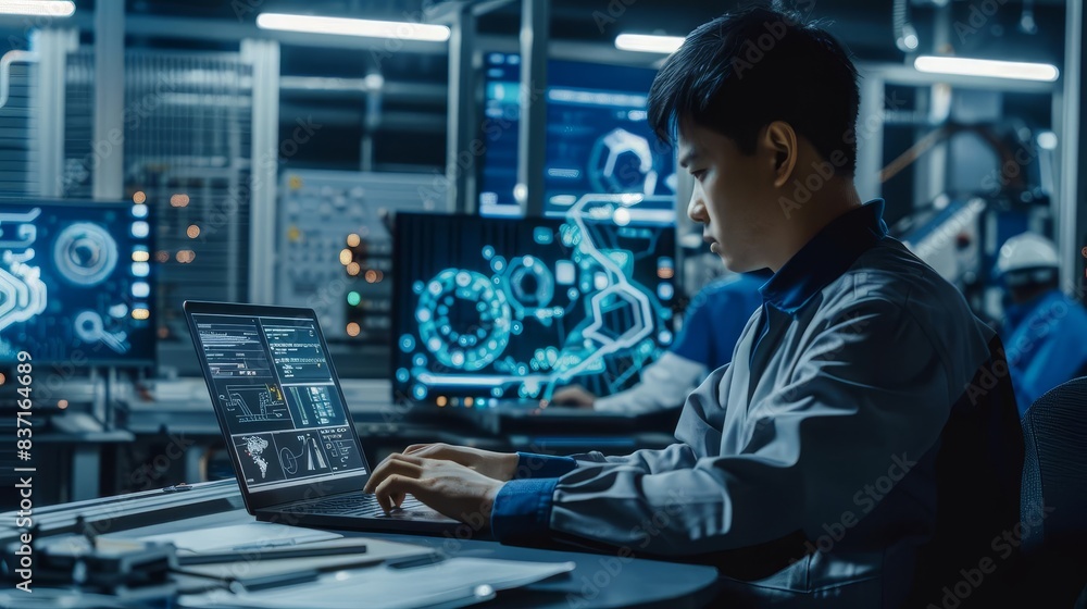 Poster industrial engineer working on laptop automated control systems in factory 16