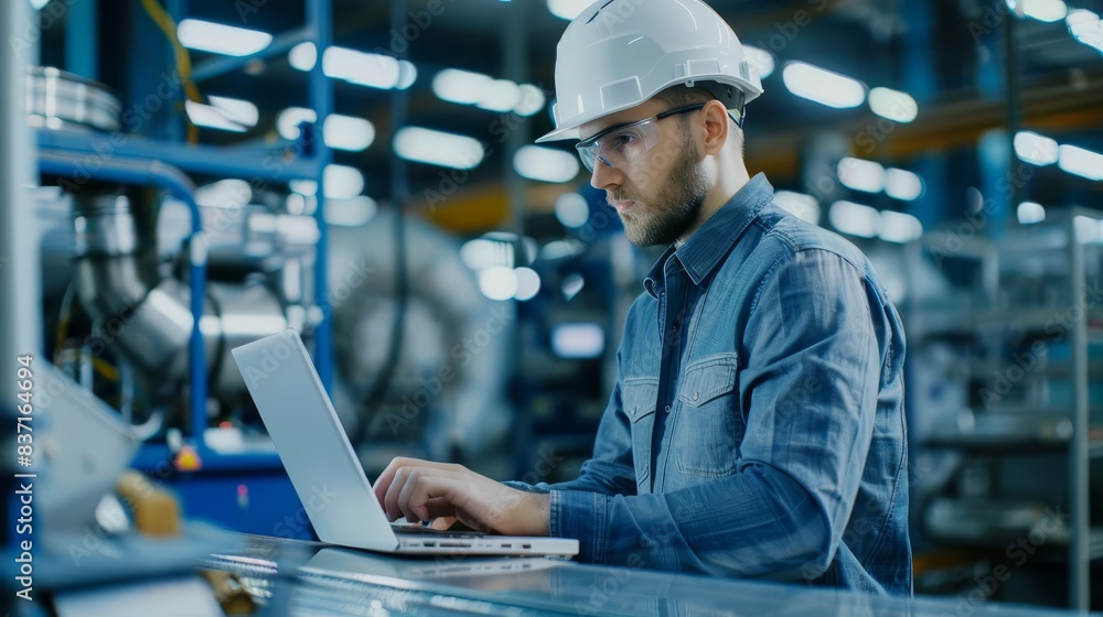 Poster industrial engineer working on laptop automated control systems in factory 16