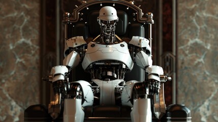 A futuristic humanoid robot sitting on a throne