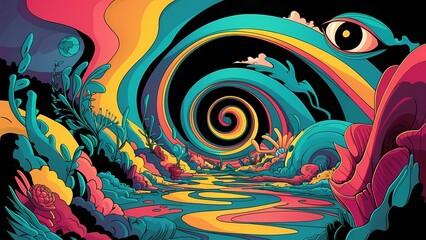 La magia del espiral multicolor: Elementos florales abstractos y un ojo flotante en un diseño visualmente impactante