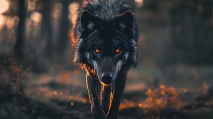 A black wolf on a blurred background of nature