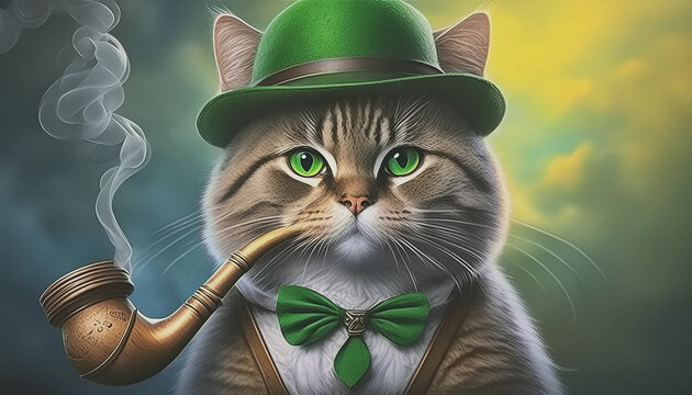 cat with a green derby and a clay pipe AI