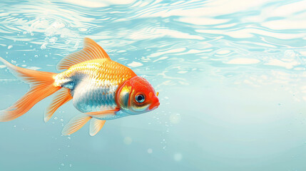 Fototapeta premium Vibrant goldfish swimming gracefully in clear blue water. High-resolution aquatic photography suitable for backgrounds and educational material.