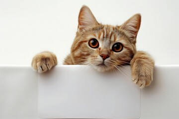 Adorable Tabby Cat Peeking Over Blank White Sign Isolated on White Background