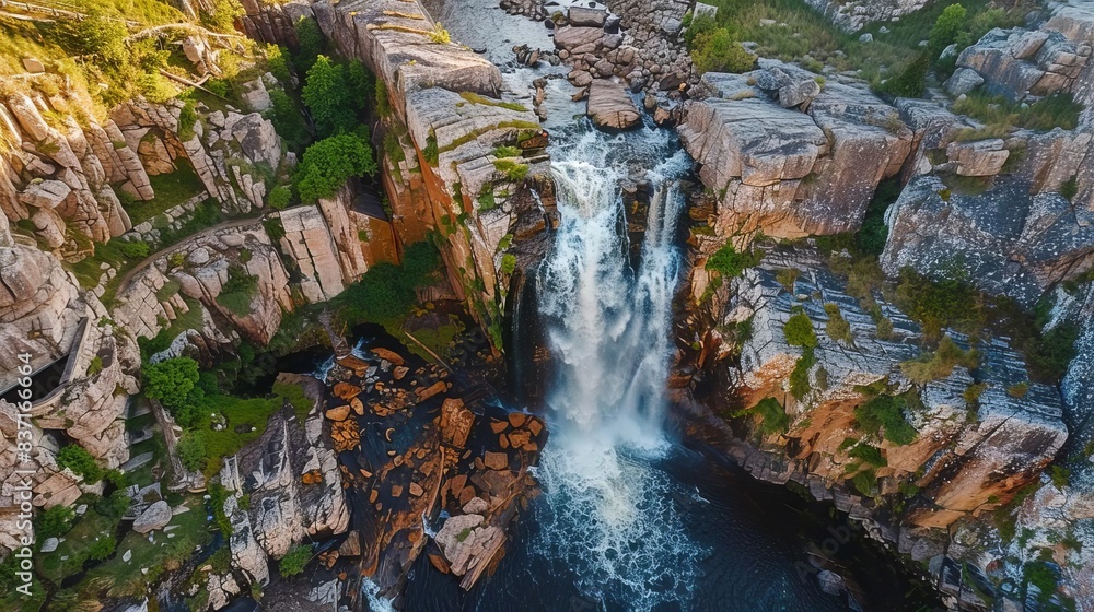 Wall mural majestic aerial view of a cascading waterfall over rocky cliffs landscape photography - Wall murals