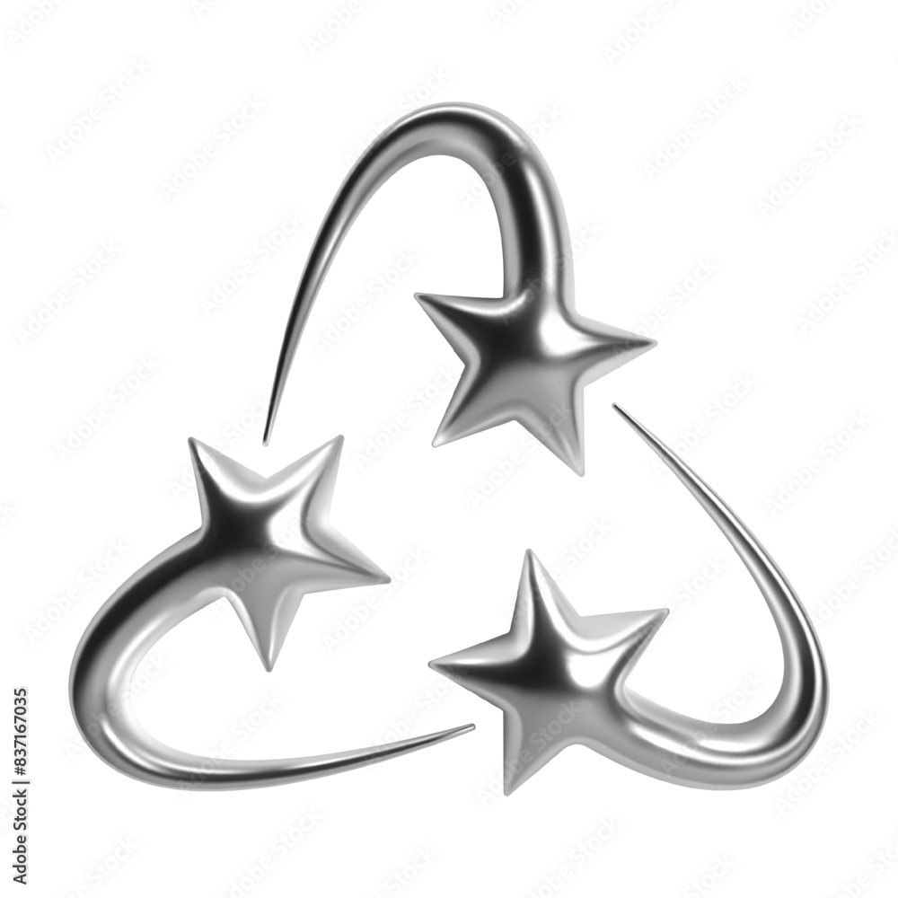 Poster 3d y2k abstract chrome stars, comets, meteors with crescent arcs. isolated vector elements with shin