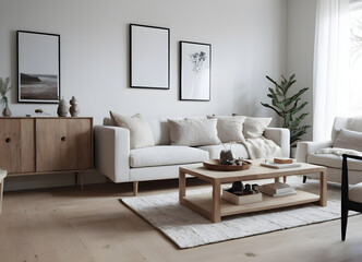 Sophisticated living room décor with a tranquil atmosphere, neutral tones, sleek design, and a seamless mix of textures and forms