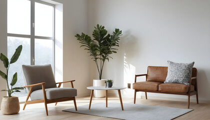 Cozy contemporary living room with stylish furniture, large window, and indoor plant, bathed in natural sunlight for a comfortable ambiance