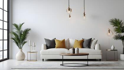 Contemporary living room featuring a sleek sofa, stylish decor, and indoor greenery, highlighting a minimalist design approach