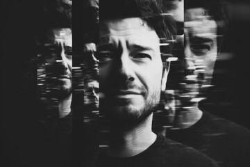 conceptual portrait of man, reflected in many mirrors, changing emotion from happy to sad