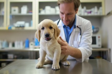Professional veterinarian is conducting a health examination of a cute golden retriever puppy in a clinic. Focus on the pet receiving care with medical equipment in the background