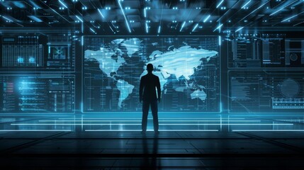 man standing in front of large computer setup technology and business concept