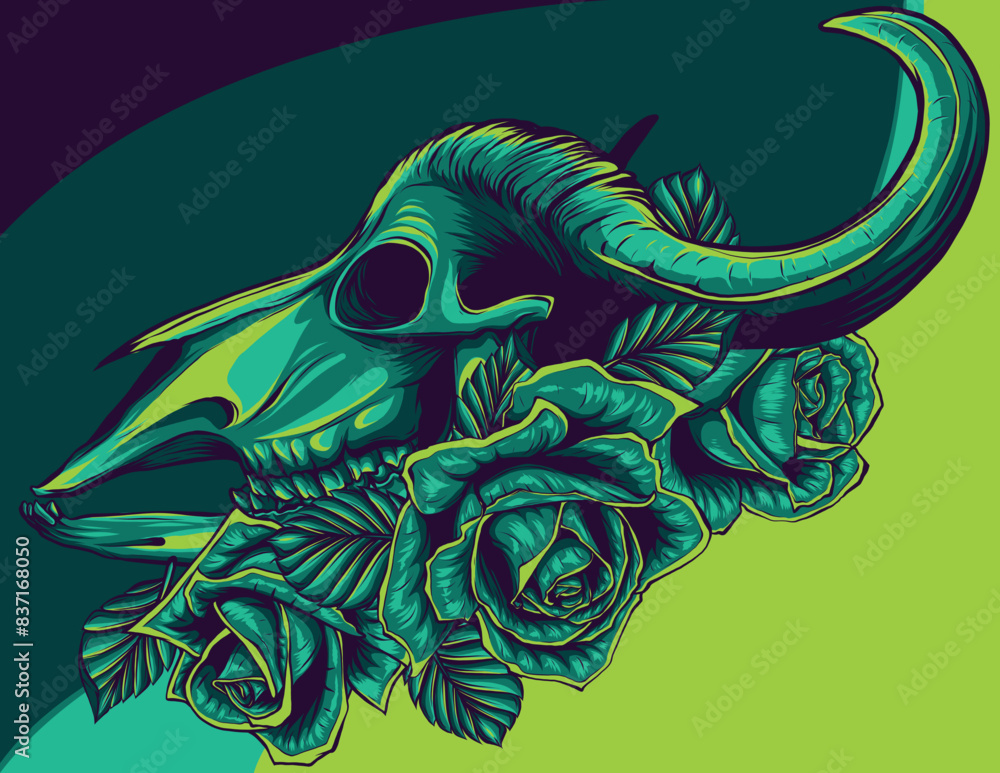 Poster vector illustration of bull skull with roses