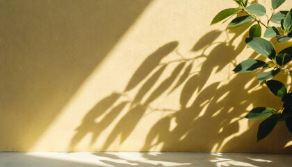 light background of shadows from plant leaves on a delicate light yellow wall, minimalistic background for the presentation of your products, stock wallpaper image template spring summer sun rays