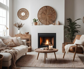 Inviting living room design with cozy fireplace, plush sofa, and natural accents for a serene home ambiance