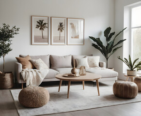 Sophisticated and cozy contemporary living room with stylish decor, neutral color scheme, and vibrant houseplants