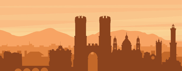 Brown panoramic poster of the city skyline with misty background buildings, sunrise, clouds and mountains of GENOA (GENOVA), ITALY