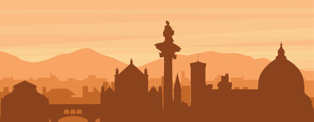 Brown panoramic poster of the city skyline with misty background buildings, sunrise, clouds and mountains of FLORENCE (FIRENZE), ITALY