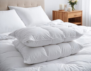 White several folded duvets lying on white bed background. Preparing for winter season, hotel or home textile