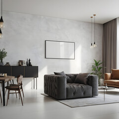 Spacious living room with a luxurious grey sofa, minimalist decor, and clean contemporary interior design