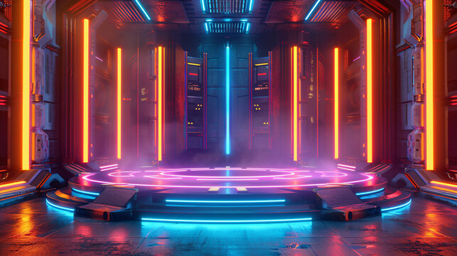 Sci-fi themed podium for a virtual game, with teleportation effects and neon lights