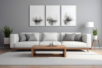 Modern, sophisticated living space with a white couch, wooden coffee table, abstract art, and minimalist decor