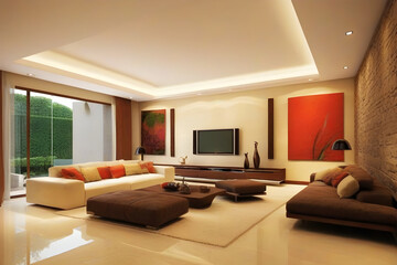 Stylish modern living area featuring luxurious seating, colorful artwork, sleek tv, and a tranquil garden view from expansive windows