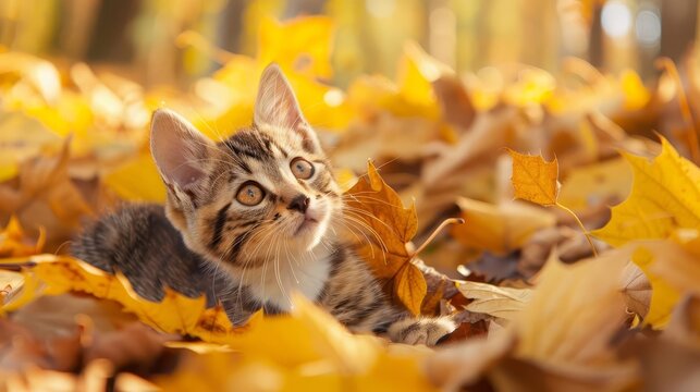 playful kitten frolicking in vibrant yellow autumn leaves cute pet photo