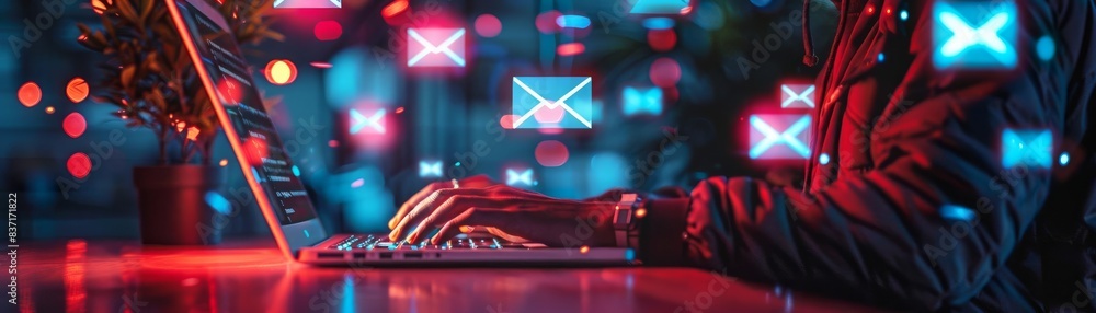 Poster hacker typing on a laptop in a dimly lit room, surrounded by glowing red and blue lights and virtual