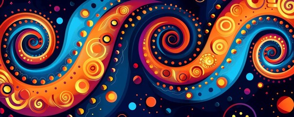 Tribal spiral and circle pattern, bright colors, flat design, dynamic forms