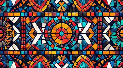 Tribal mosaic pattern, bright colors, flat design, geometric precision