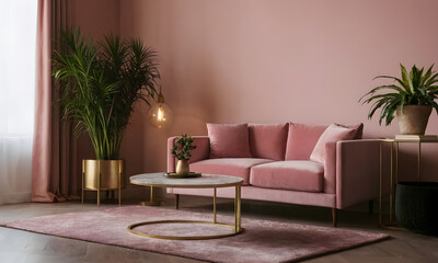 Modern living area with luxurious pink sofa, elegant gold touches, and vibrant green foliage for a chic and inviting atmosphere