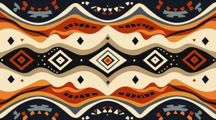 Tribal diamond and wave pattern, earthy tones, flat design, geometric flow