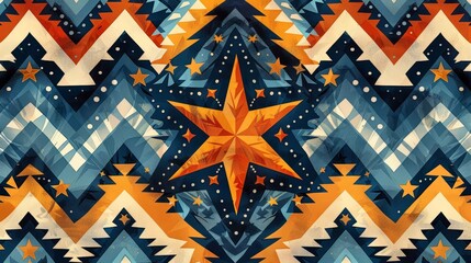 Tribal chevron and star pattern, oceanic hues, flat design, directional geometry