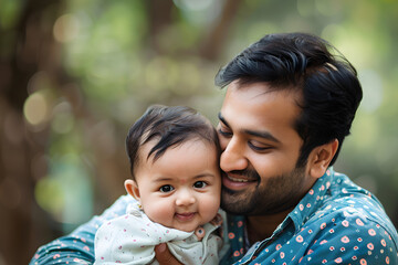 Happy Indian father and child are hugging. Happy father's day.