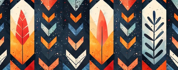 Tribal chevron and arrow pattern, oceanic tones, flat design, dynamic direction