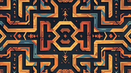 Stylized tribal maze pattern, natural colors, flat design, intricate pathways
