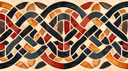 Stylized tribal lattice and chain pattern, natural colors, flat design, interlinked motifs
