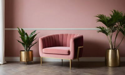 Stylish interior design featuring a luxurious pink velvet armchair, golden plant pots, and a serene pastel wall