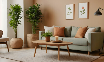 Comfortable sofa in an inviting interior design, bathed in sunlight and adorned with plants in wicker baskets