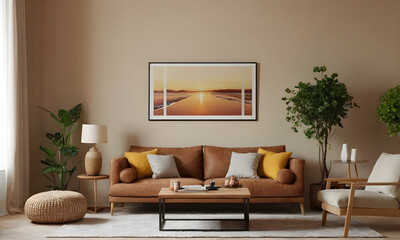 Designers style a living room with a leather couch and a sunset picture using natural materials and warm colors