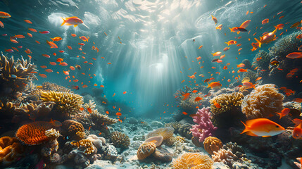 A vibrant nature coral reef landscape with schools of fish swimming among the corals, the water crystal clear