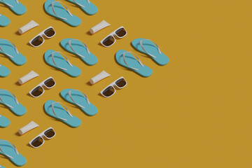 Flip flops, sunglasses and sunscreen background. 3d illustration.