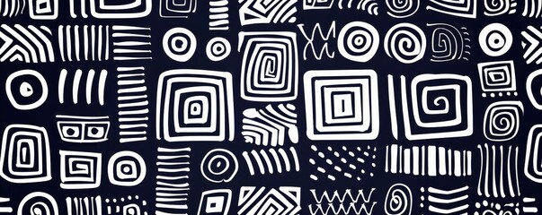 Handdrawn tribal square pattern, black and white, flat design, intricate lines