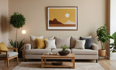 Minimalist living room with a sofa, coffee table, plants, and a painting on the wall. Neutral colors create a serene atmosphere